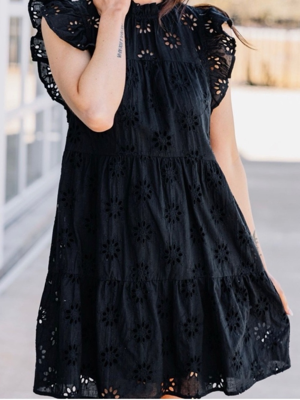 The Impeccable Pig Black Sleeveless Eyelet Tiered Mini Dress Large